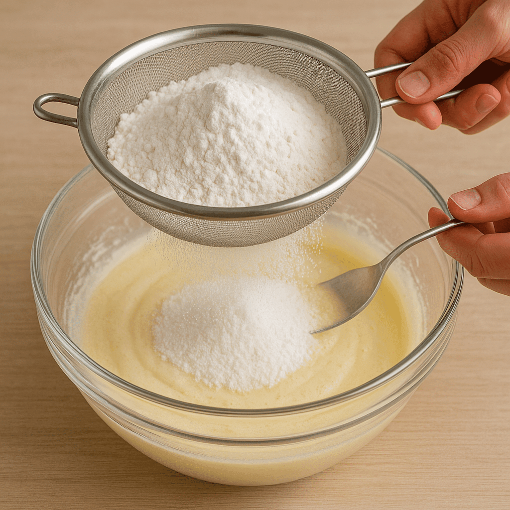 Tamiza la harina de arroz, la maicena, la levadura y la sal. Añádelos poco a poco a la mezcla anterior, mezclando con suavidad. Si deseas, añade la ralladura de limón.